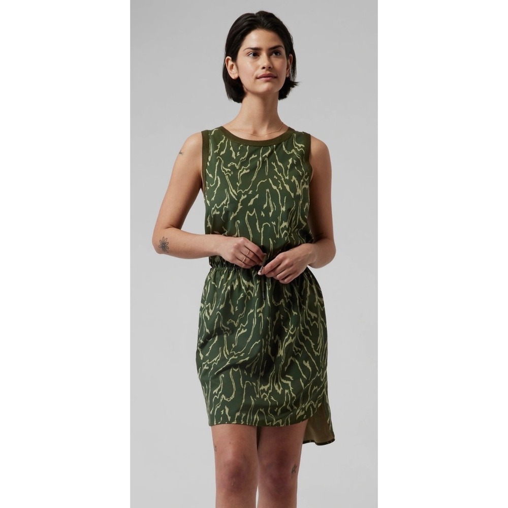 Athleta Green Abstract Print Sleeveless Drawstring Waist Mini Dress Size S Small